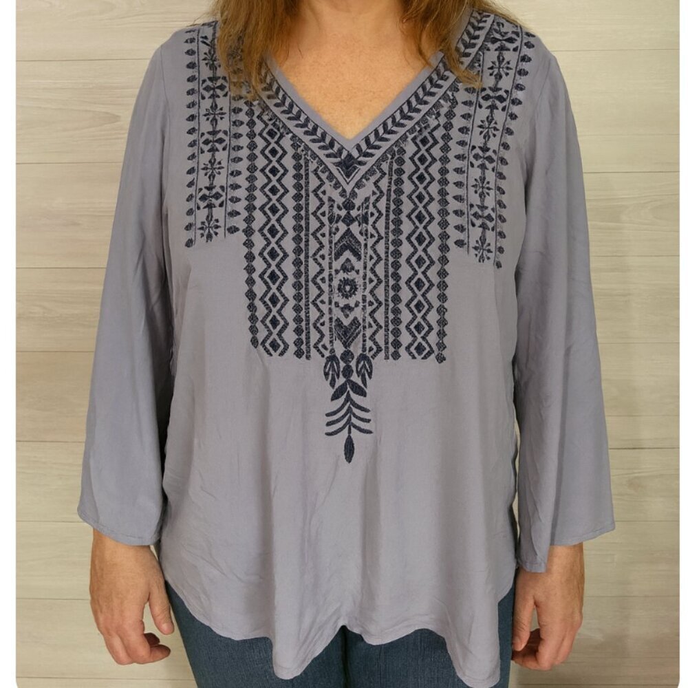 J. Jill Women's Size Medium Purple 3/4 Sleeve Embroidered Blouse Top